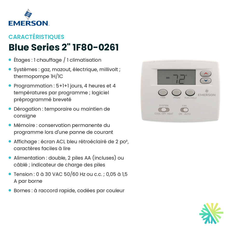 Fiche technique : Thermostat EMERSON Blue Series 2" 1F80-0261 — AirGreen, Montréal, Laval, Longueuil, Rive-Sud et Rive-Nord