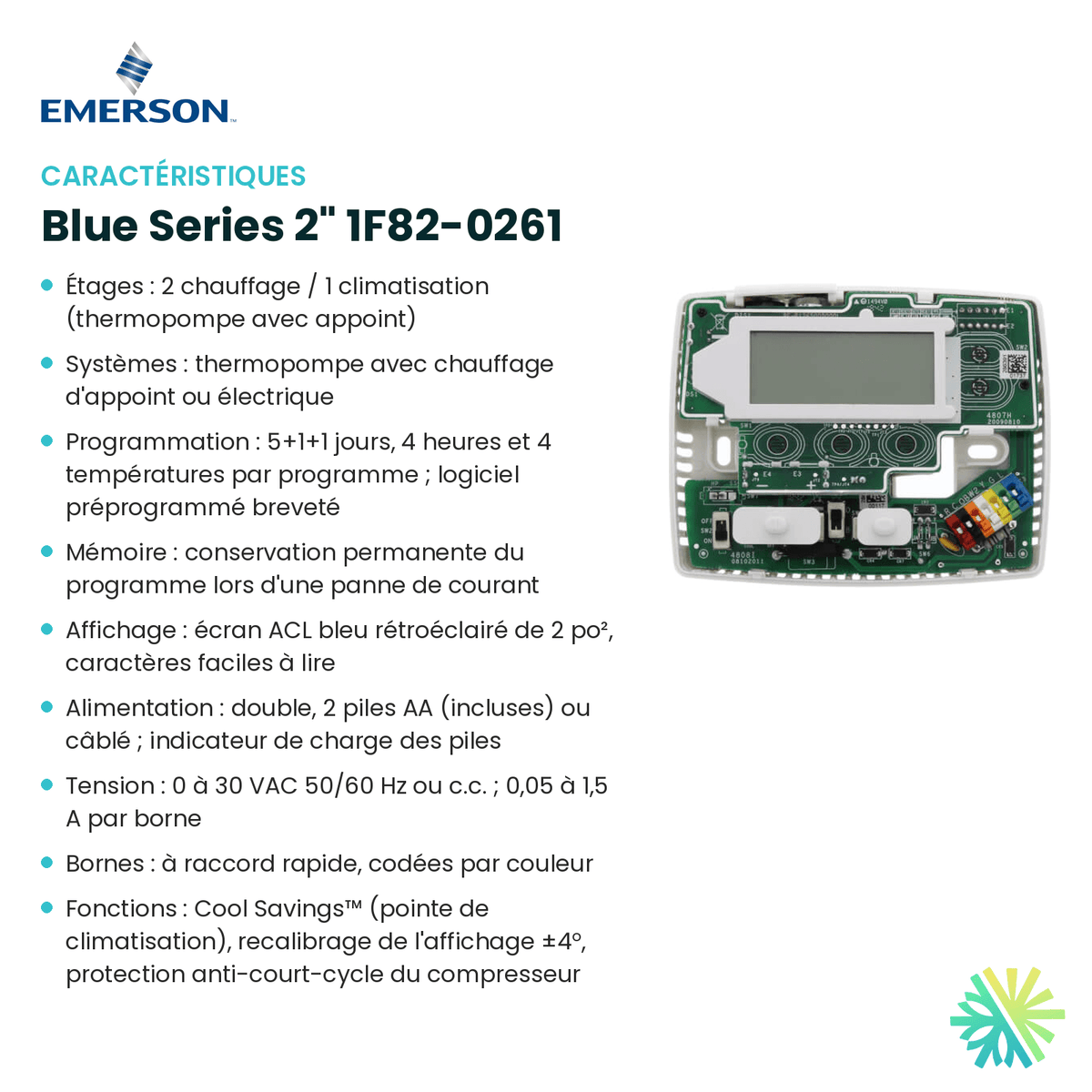 Fiche technique : Thermostat EMERSON Blue Series 2" 1F82-0261 — AirGreen, Montréal, Laval, Longueuil, Rive-Sud et Rive-Nord