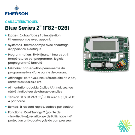 Fiche technique : Thermostat EMERSON Blue Series 2" 1F82-0261 — AirGreen, Montréal, Laval, Longueuil, Rive-Sud et Rive-Nord