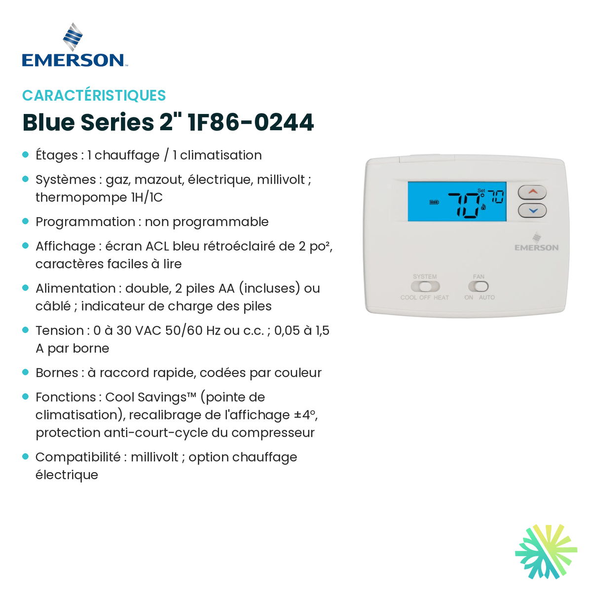 Fiche technique : Thermostat EMERSON Blue Series 2" 1F86-0244 — AirGreen, Montréal, Laval, Longueuil, Rive-Sud et Rive-Nord