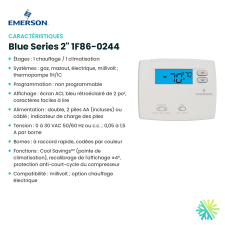 Fiche technique : Thermostat EMERSON Blue Series 2" 1F86-0244 — AirGreen, Montréal, Laval, Longueuil, Rive-Sud et Rive-Nord