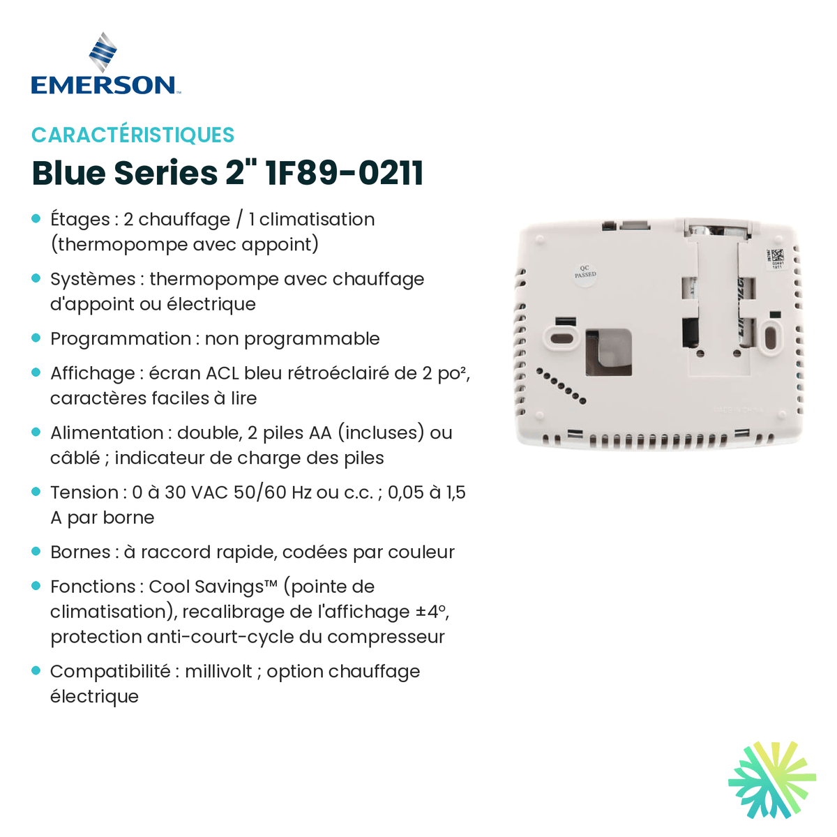 Fiche technique : Thermostat EMERSON Blue Series 2" 1F89-0211 — AirGreen, Montréal, Laval, Longueuil, Rive-Sud et Rive-Nord