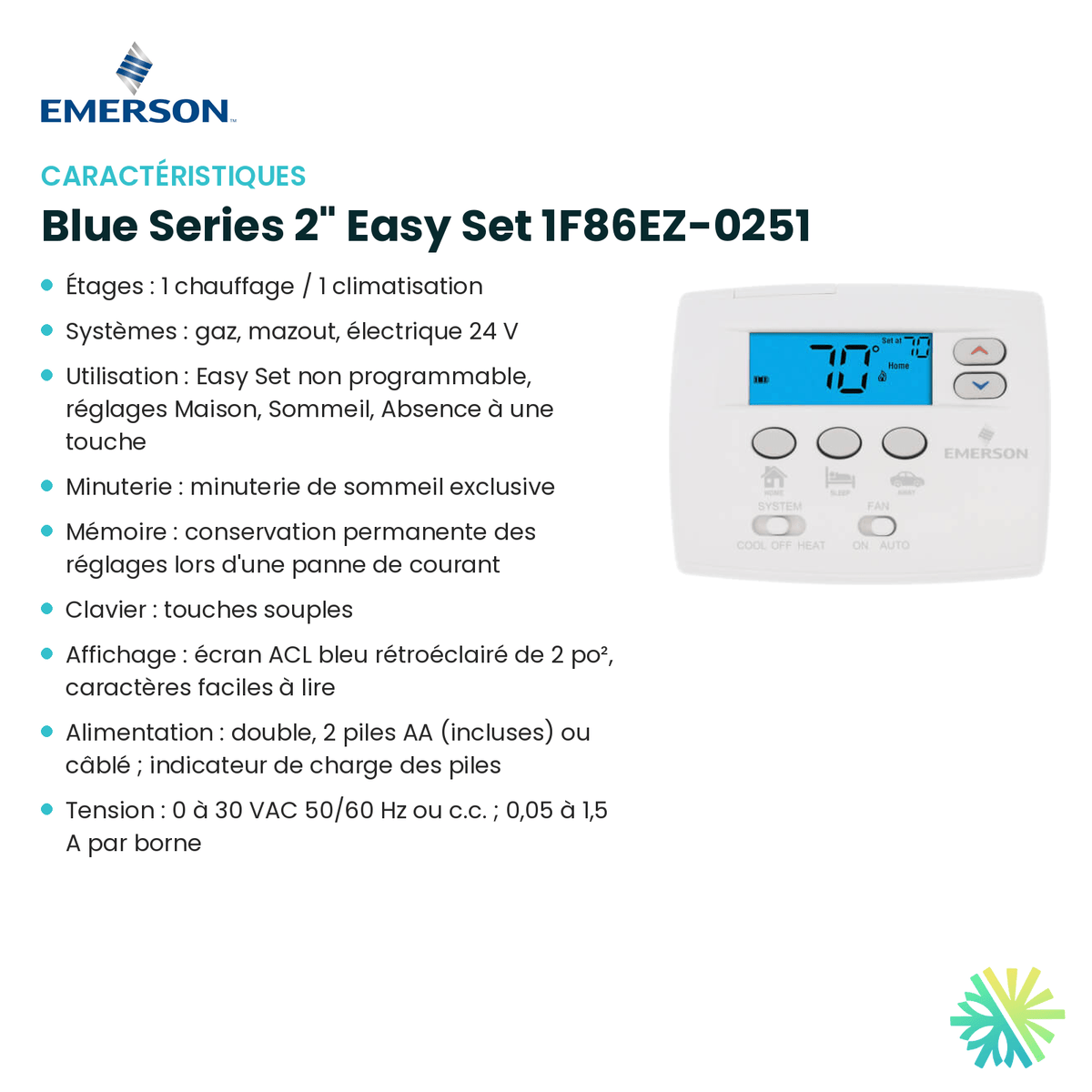 Fiche technique : Thermostat EMERSON Blue Series 2" Easy Set 1F86EZ-0251 — AirGreen, Montréal, Laval, Longueuil, Rive-Sud et Rive-Nord