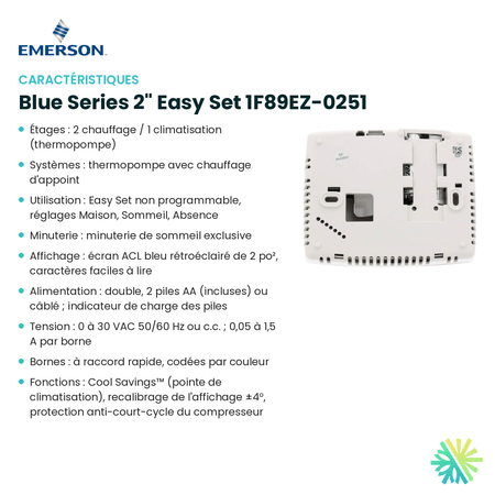 Fiche technique : Thermostat EMERSON Blue Series 2" Easy Set 1F89EZ-0251 — AirGreen, Montréal, Laval, Longueuil, Rive-Sud et Rive-Nord