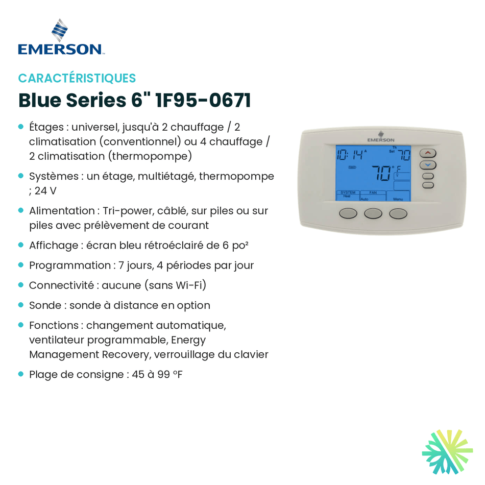 Fiche technique : Thermostat EMERSON Blue Series 6" 1F95-0671 — AirGreen, Montréal, Laval, Longueuil, Rive-Sud et Rive-Nord
