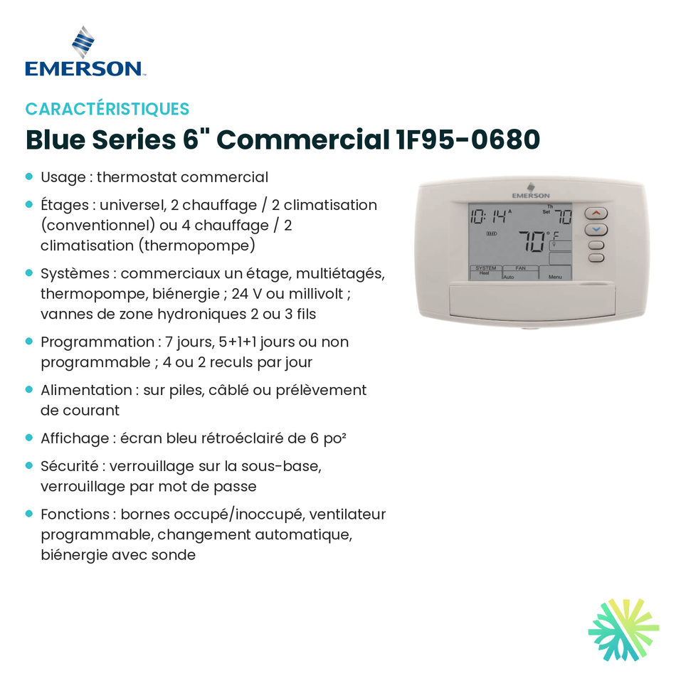 Fiche technique : Thermostat EMERSON Blue Series 6" Commercial 1F95-0680 — AirGreen, Montréal, Laval, Longueuil, Rive-Sud et Rive-Nord