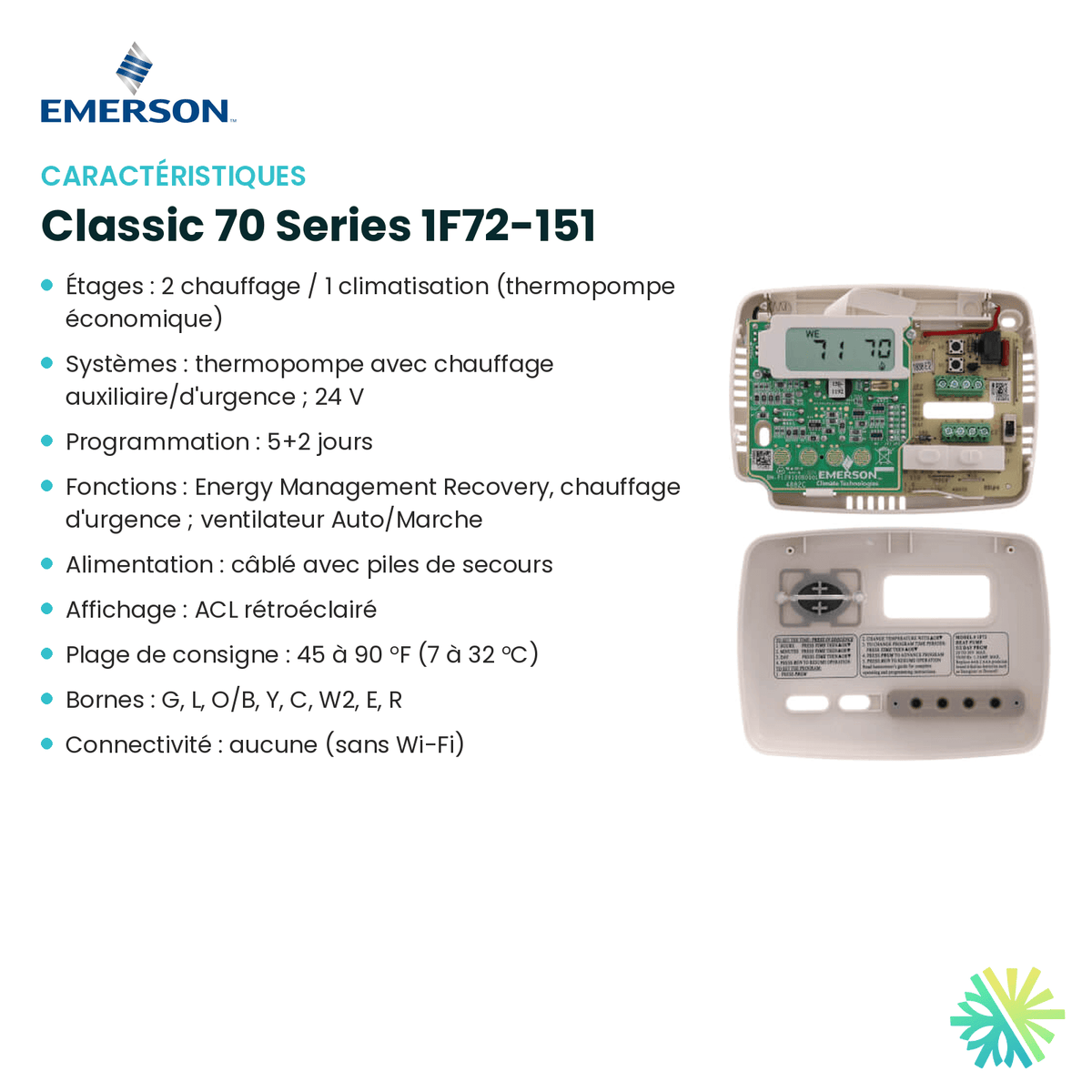 Fiche technique : Thermostat EMERSON Classic 70 Series 1F72-151 — AirGreen, Montréal, Laval, Longueuil, Rive-Sud et Rive-Nord