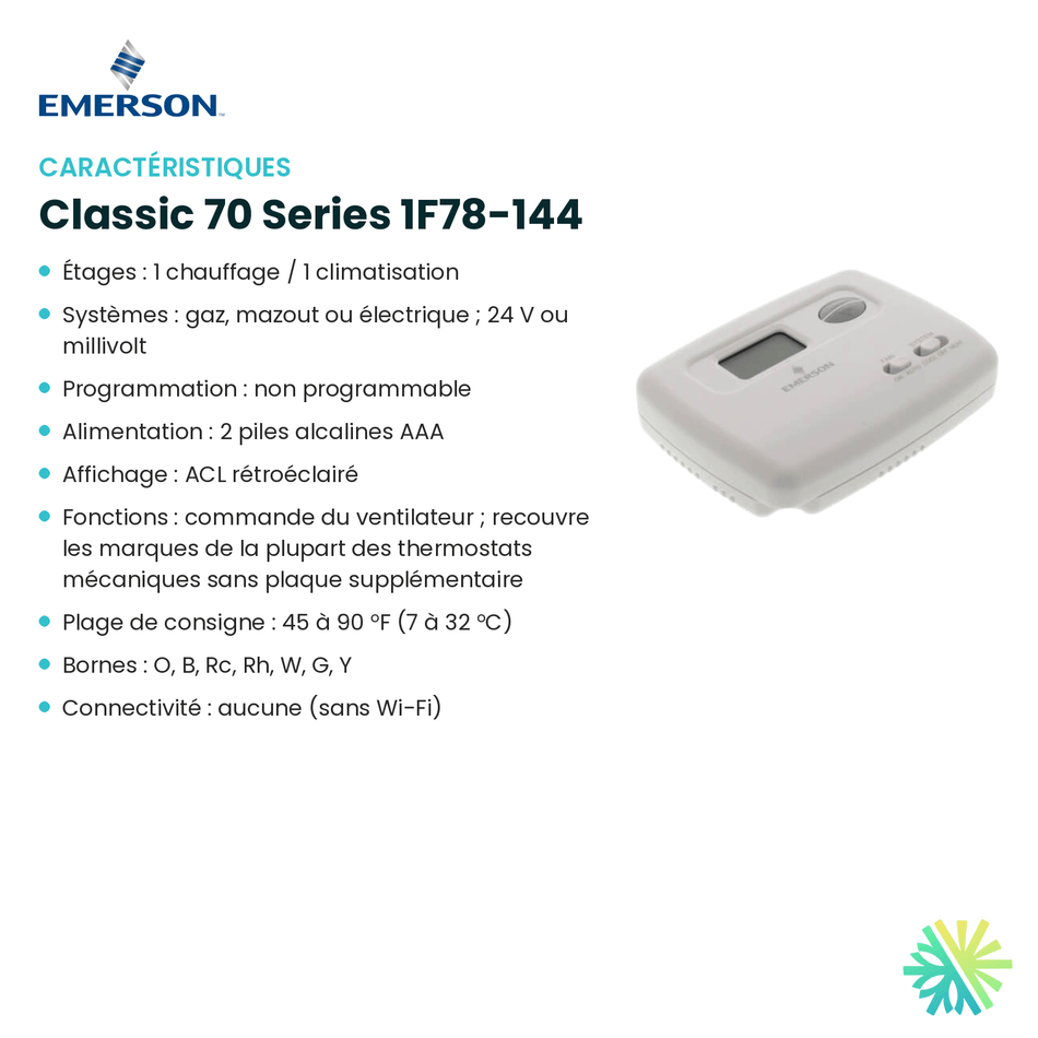 Fiche technique : Thermostat EMERSON Classic 70 Series 1F78-144 — AirGreen, Montréal, Laval, Longueuil, Rive-Sud et Rive-Nord