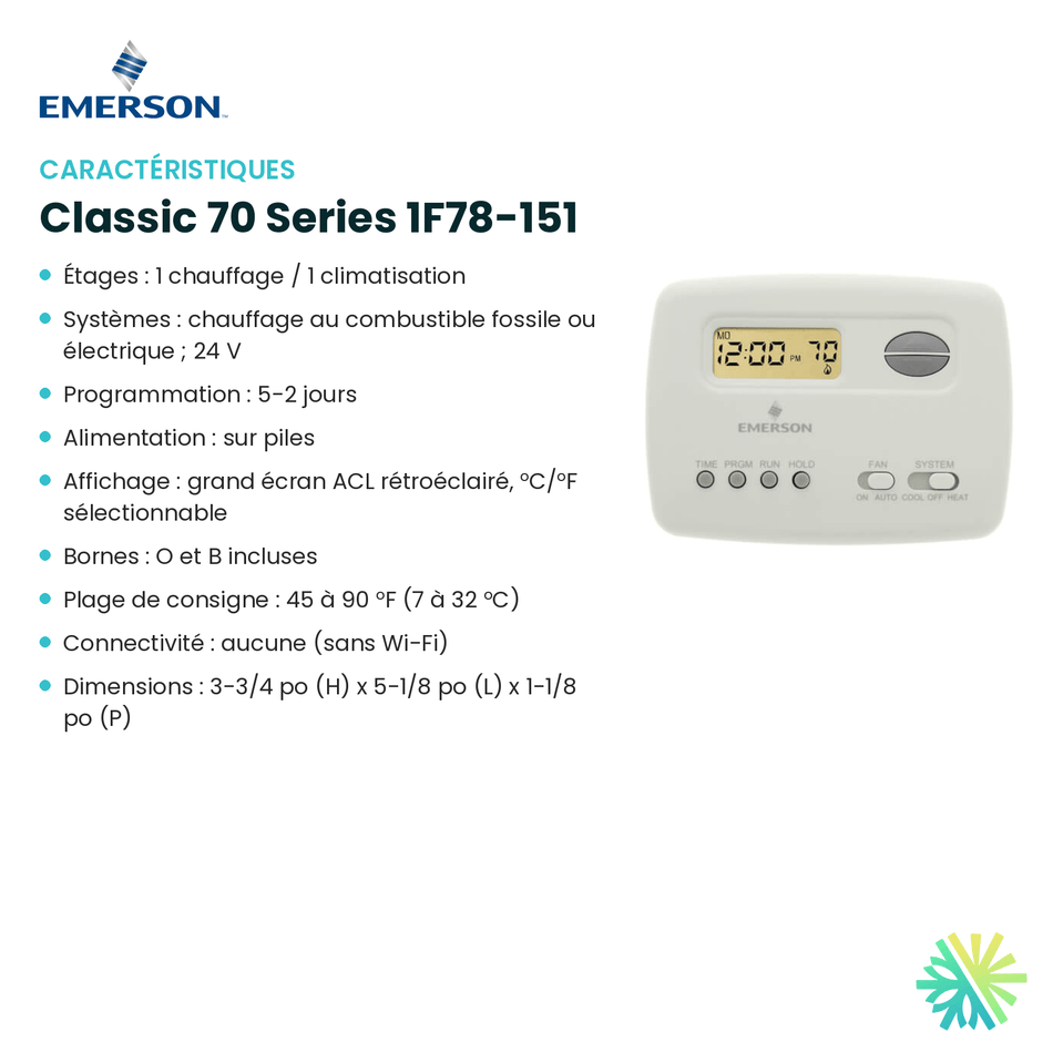 Fiche technique : Thermostat EMERSON Classic 70 Series 1F78-151 — AirGreen, Montréal, Laval, Longueuil, Rive-Sud et Rive-Nord