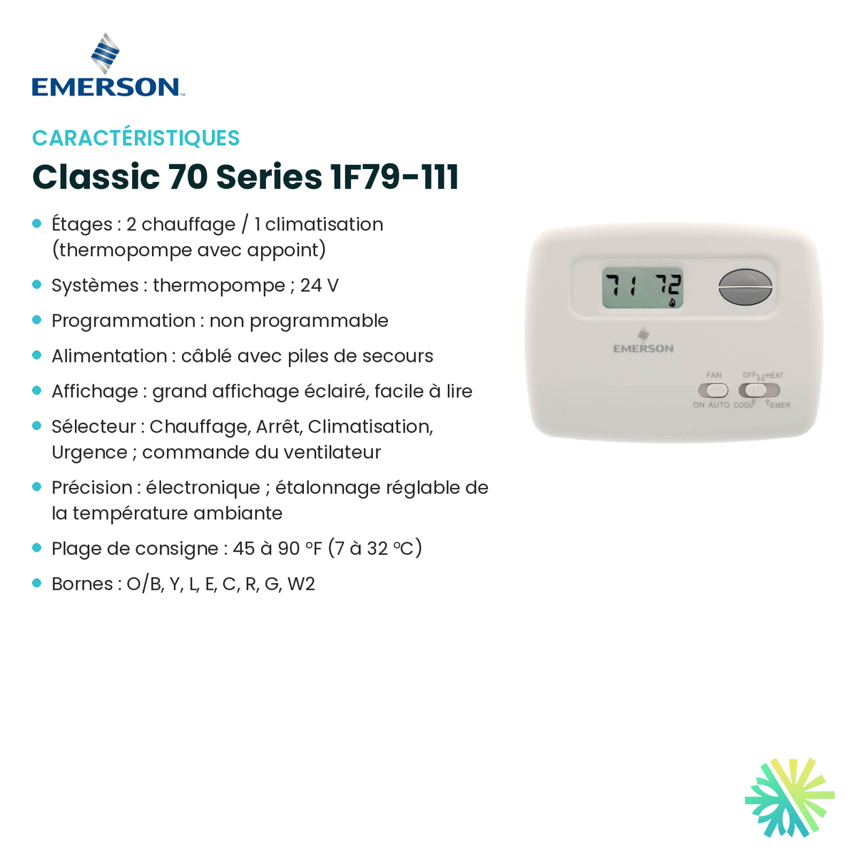 Fiche technique : Thermostat EMERSON Classic 70 Series 1F79-111 — AirGreen, Montréal, Laval, Longueuil, Rive-Sud et Rive-Nord