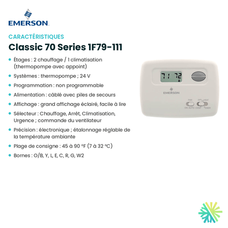 Fiche technique : Thermostat EMERSON Classic 70 Series 1F79-111 — AirGreen, Montréal, Laval, Longueuil, Rive-Sud et Rive-Nord