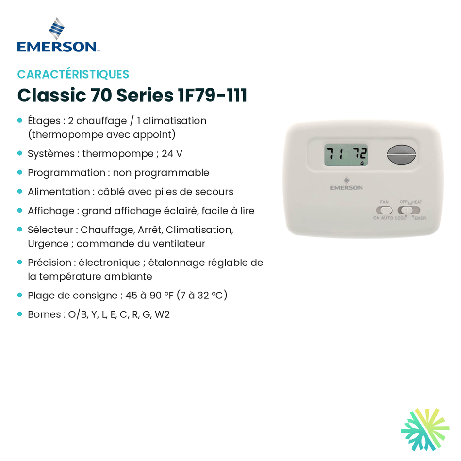 Fiche technique : Thermostat EMERSON Classic 70 Series 1F79-111 — AirGreen, Montréal, Laval, Longueuil, Rive-Sud et Rive-Nord