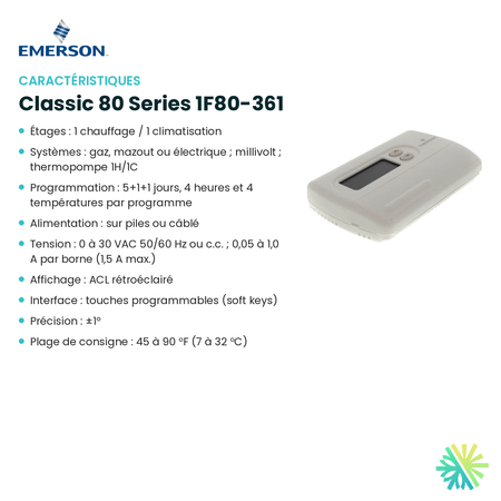 Fiche technique : Thermostat EMERSON Classic 80 Series 1F80-361 — AirGreen, Montréal, Laval, Longueuil, Rive-Sud et Rive-Nord