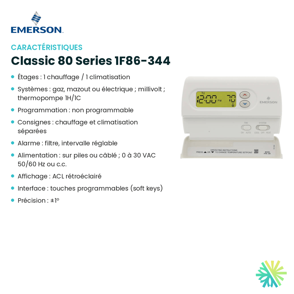 Fiche technique : Thermostat EMERSON Classic 80 Series 1F86-344 — AirGreen, Montréal, Laval, Longueuil, Rive-Sud et Rive-Nord