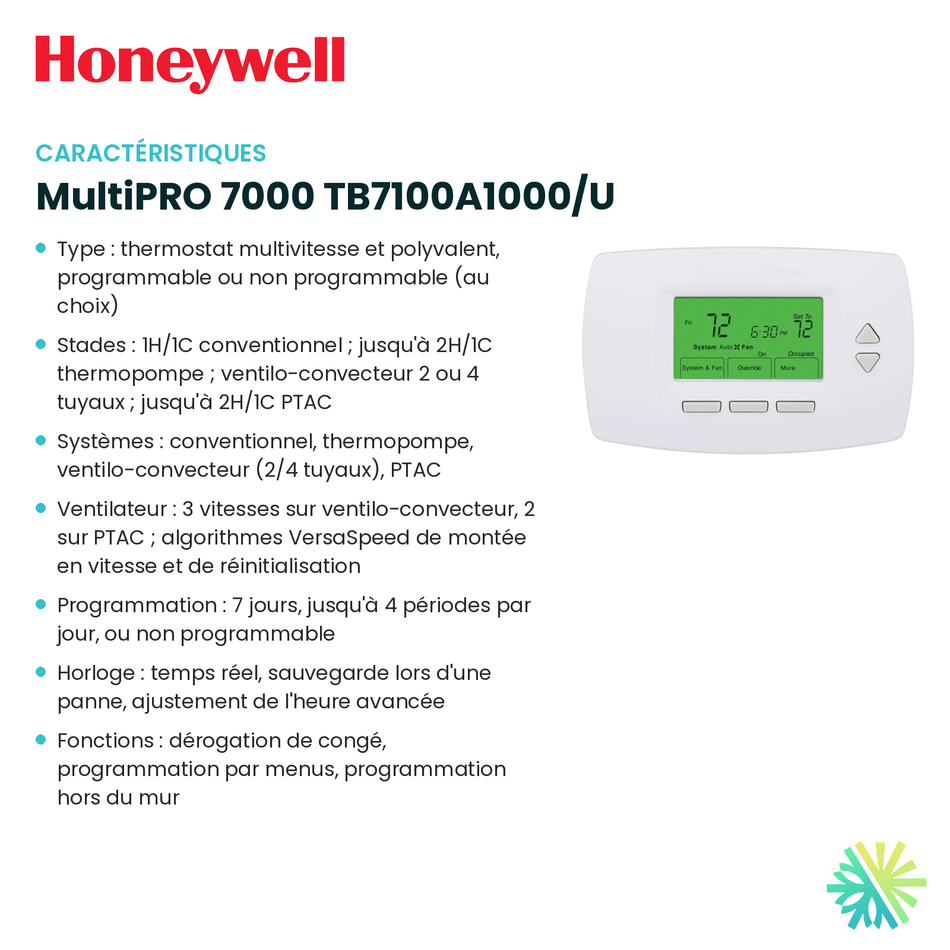 Fiche technique : Thermostat HONEYWELL MultiPRO 7000 TB7100A1000/U — AirGreen, Montréal, Laval, Longueuil, Rive-Sud et Rive-Nord