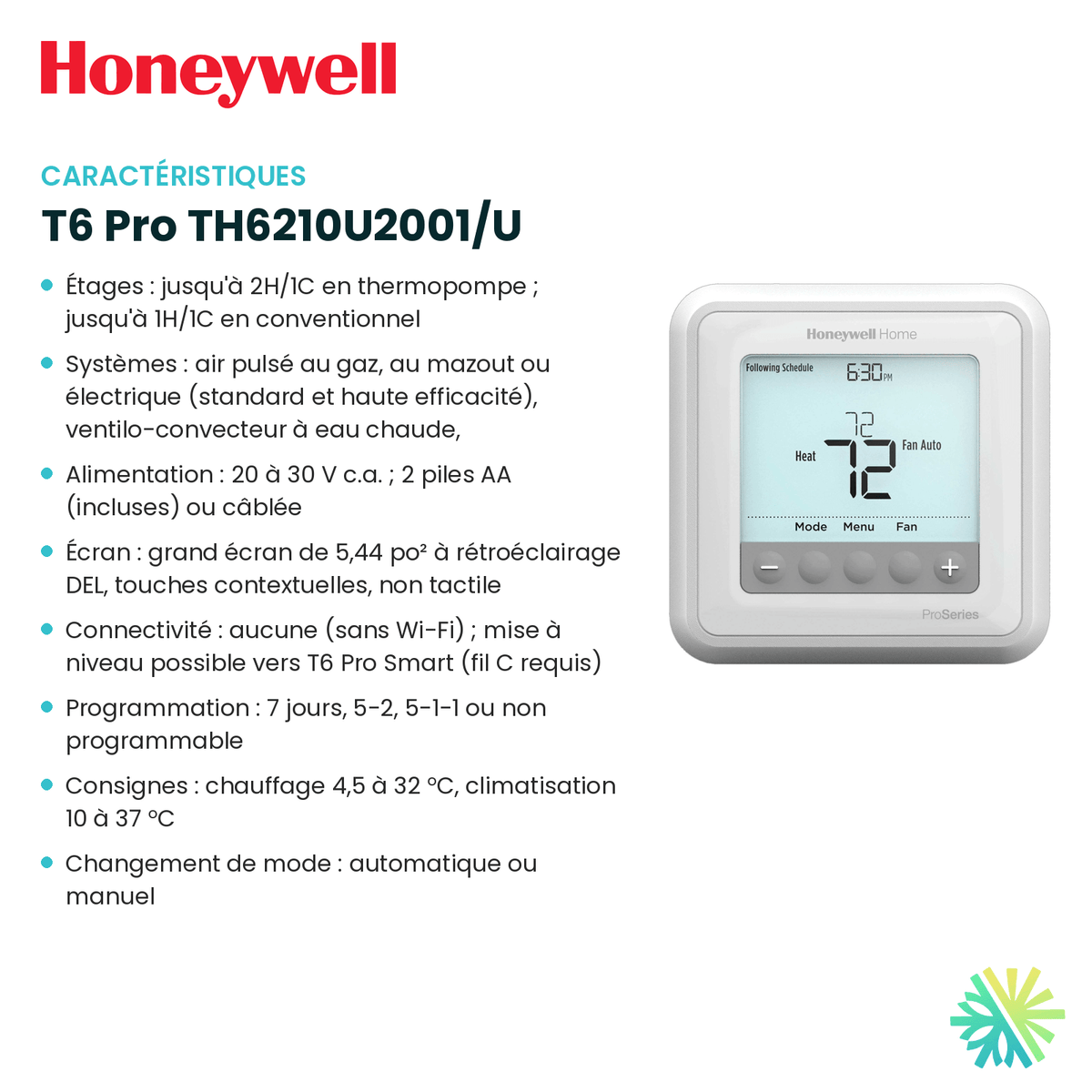 Fiche technique : Thermostat HONEYWELL T6 Pro TH6210U2001/U — AirGreen, Montréal, Laval, Longueuil, Rive-Sud et Rive-Nord