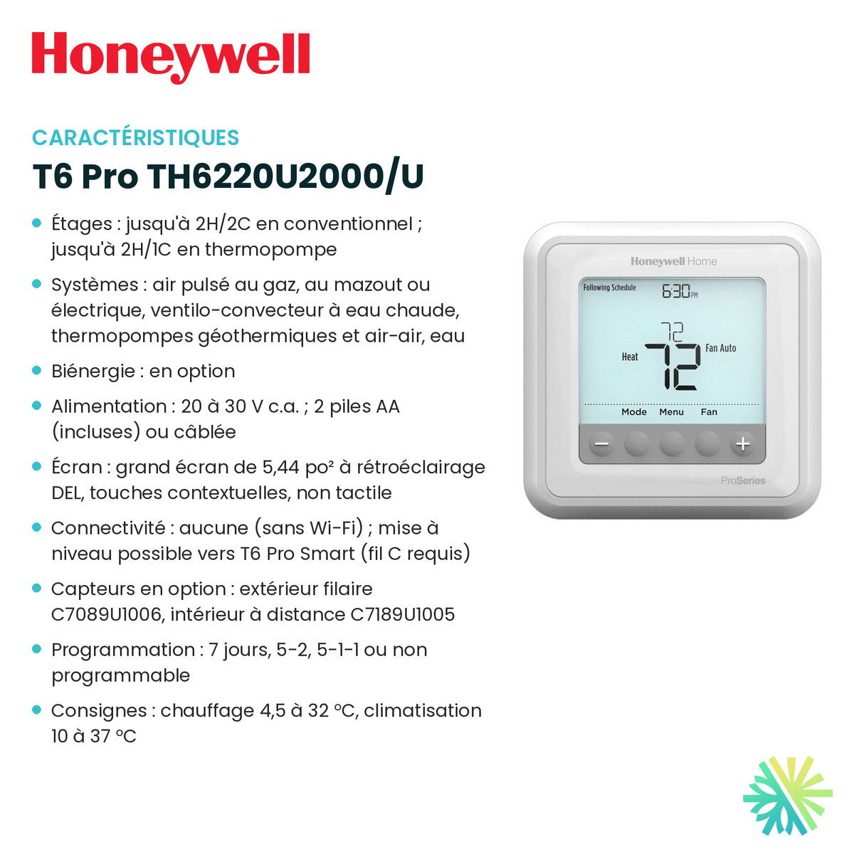 Fiche technique : Thermostat HONEYWELL T6 Pro TH6220U2000/U — AirGreen, Montréal, Laval, Longueuil, Rive-Sud et Rive-Nord