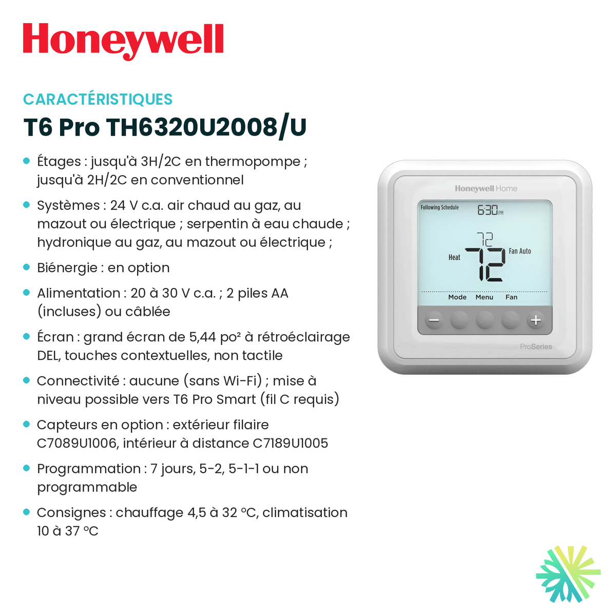Fiche technique : Thermostat HONEYWELL T6 Pro TH6320U2008/U — AirGreen, Montréal, Laval, Longueuil, Rive-Sud et Rive-Nord