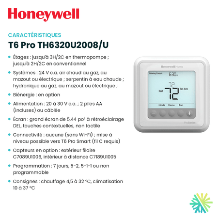 Fiche technique : Thermostat HONEYWELL T6 Pro TH6320U2008/U — AirGreen, Montréal, Laval, Longueuil, Rive-Sud et Rive-Nord