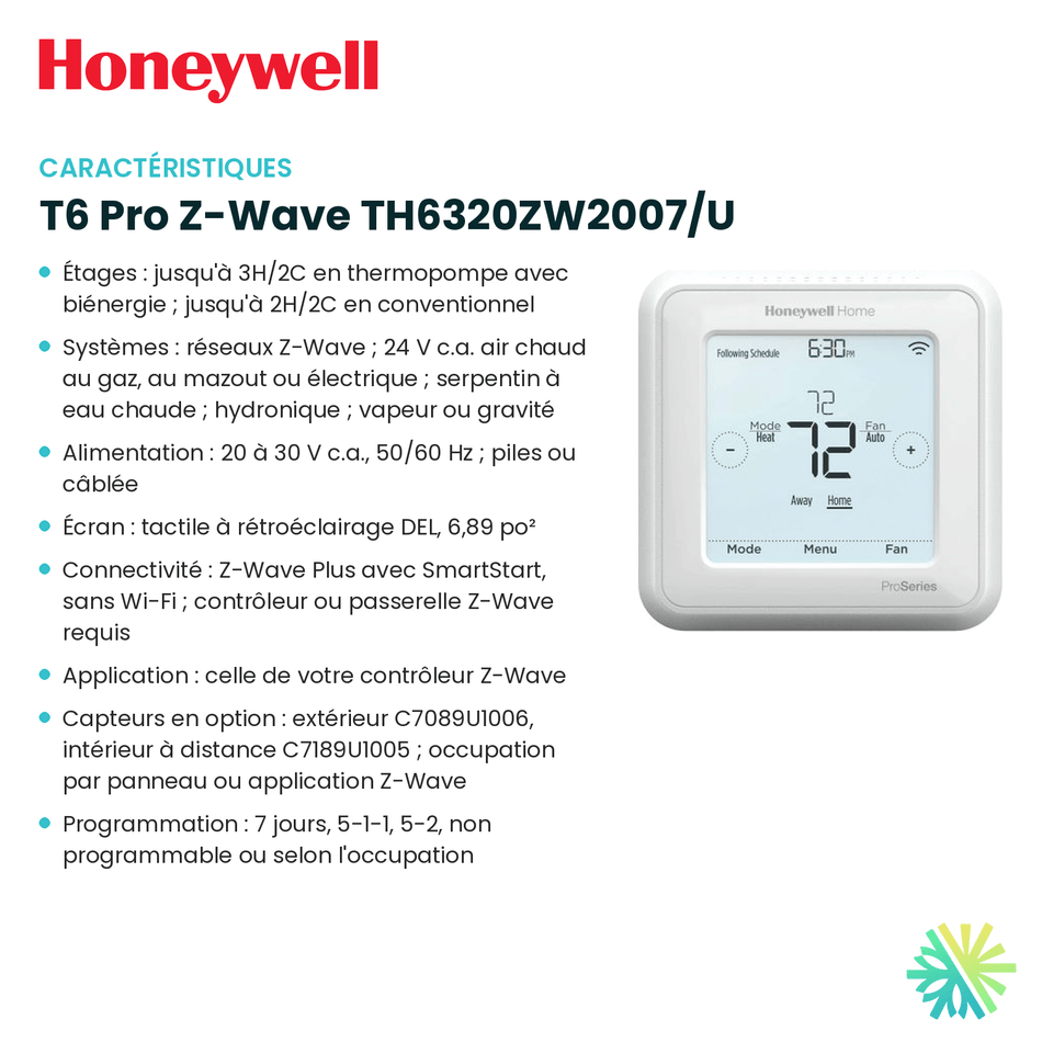 Fiche technique : Thermostat HONEYWELL T6 Pro Z-Wave TH6320ZW2007/U — AirGreen, Montréal, Laval, Longueuil, Rive-Sud et Rive-Nord