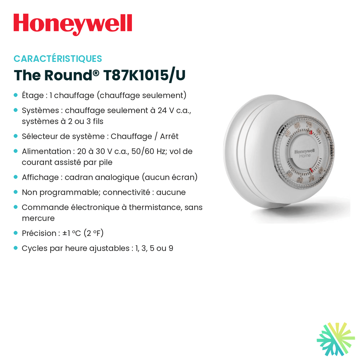 Fiche technique : Thermostat HONEYWELL The Round® T87K1015/U — AirGreen, Montréal, Laval, Longueuil, Rive-Sud et Rive-Nord