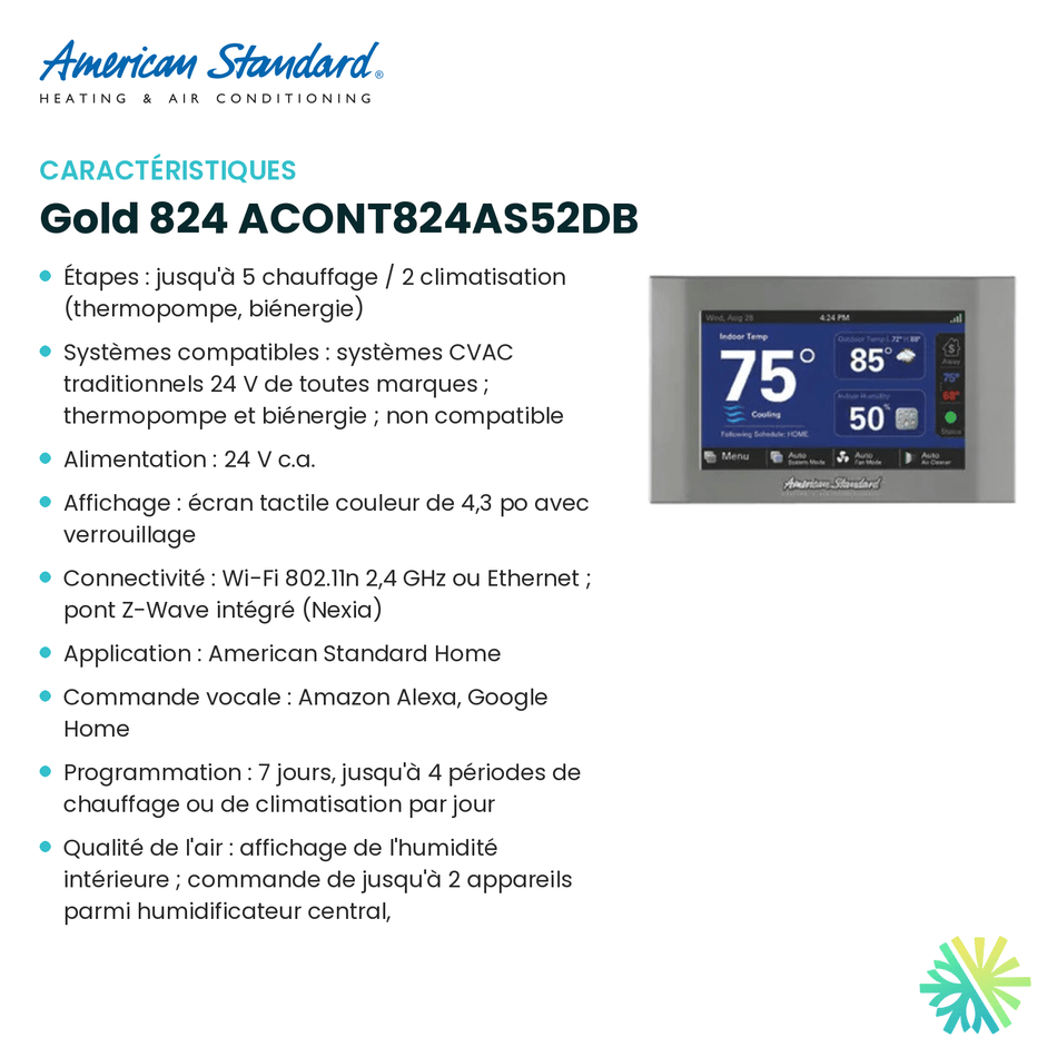 Fiche technique : Thermostat intelligent AMERICAN STANDARD Gold 824 ACONT824AS52DB — AirGreen, Montréal, Laval, Longueuil, Rive-Sud et Rive-Nord
