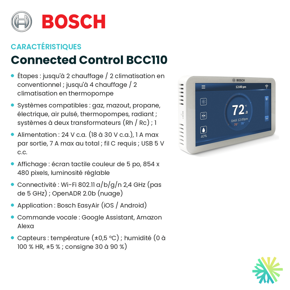 Fiche technique : Thermostat intelligent BOSCH Connected Control BCC110 — AirGreen, Montréal, Laval, Longueuil, Rive-Sud et Rive-Nord