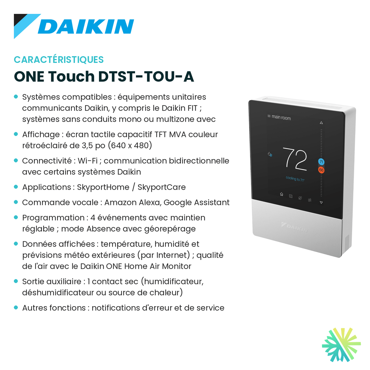 Fiche technique : Thermostat intelligent DAIKIN ONE Touch DTST-TOU-A — AirGreen, Montréal, Laval, Longueuil, Rive-Sud et Rive-Nord