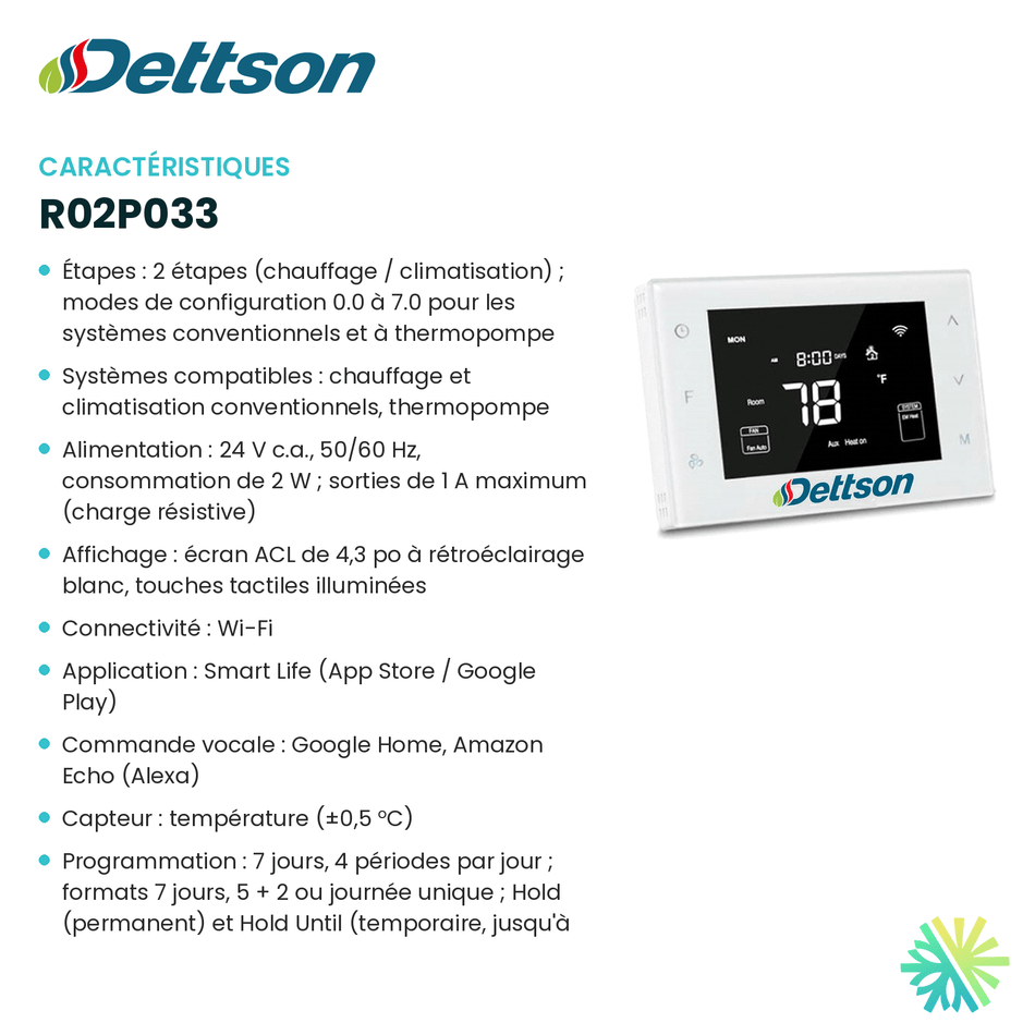 Fiche technique : Thermostat intelligent DETTSON R02P033 — AirGreen, Montréal, Laval, Longueuil, Rive-Sud et Rive-Nord