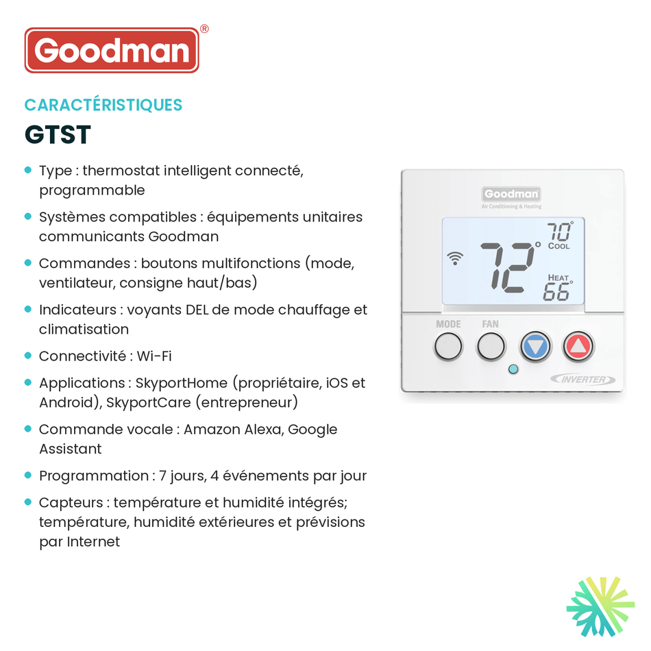 Fiche technique : Thermostat intelligent GOODMAN GTST — AirGreen, Montréal, Laval, Longueuil, Rive-Sud et Rive-Nord
