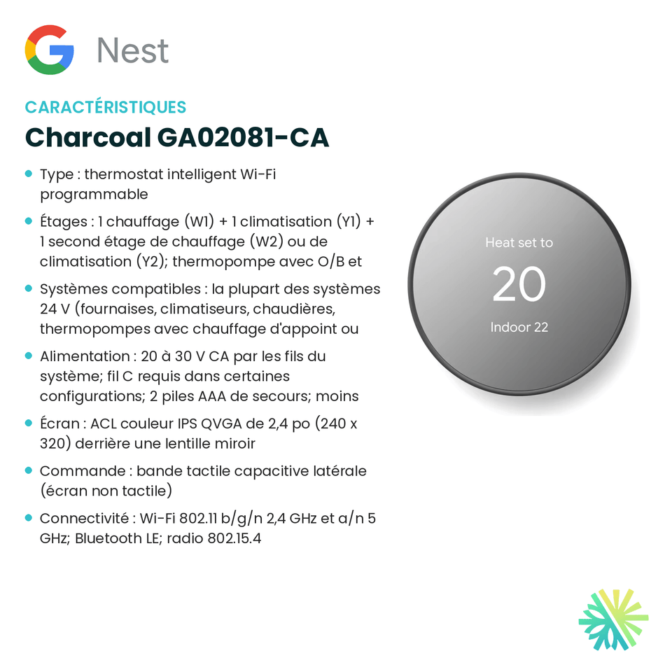 Fiche technique : Thermostat intelligent GOOGLE NEST Charcoal GA02081-CA — AirGreen, Montréal, Laval, Longueuil, Rive-Sud et Rive-Nord