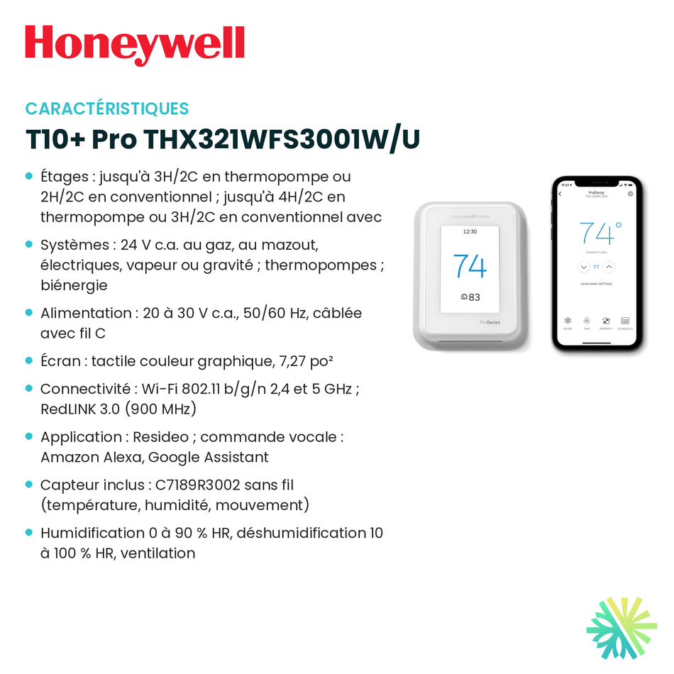 Fiche technique : Thermostat intelligent HONEYWELL T10+ Pro THX321WFS3001W/U — AirGreen, Montréal, Laval, Longueuil, Rive-Sud et Rive-Nord