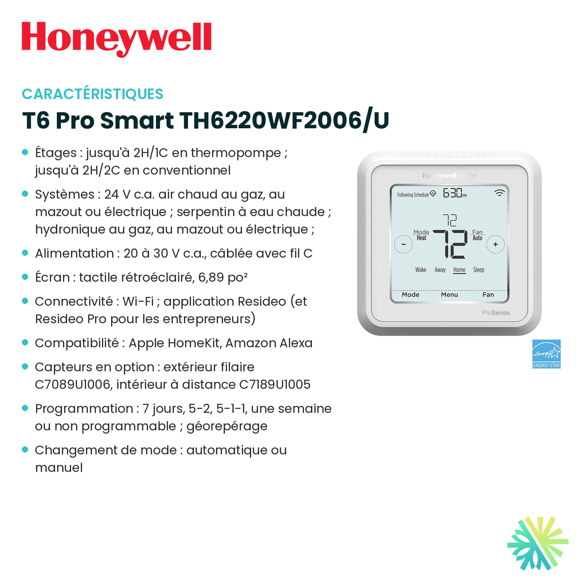 Fiche technique : Thermostat intelligent HONEYWELL T6 Pro Smart TH6220WF2006/U — AirGreen, Montréal, Laval, Longueuil, Rive-Sud et Rive-Nord