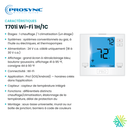 Fiche technique : Thermostat intelligent PROSYNC T701i Wi-Fi 1H/1C — AirGreen, Montréal, Laval, Longueuil, Rive-Sud et Rive-Nord