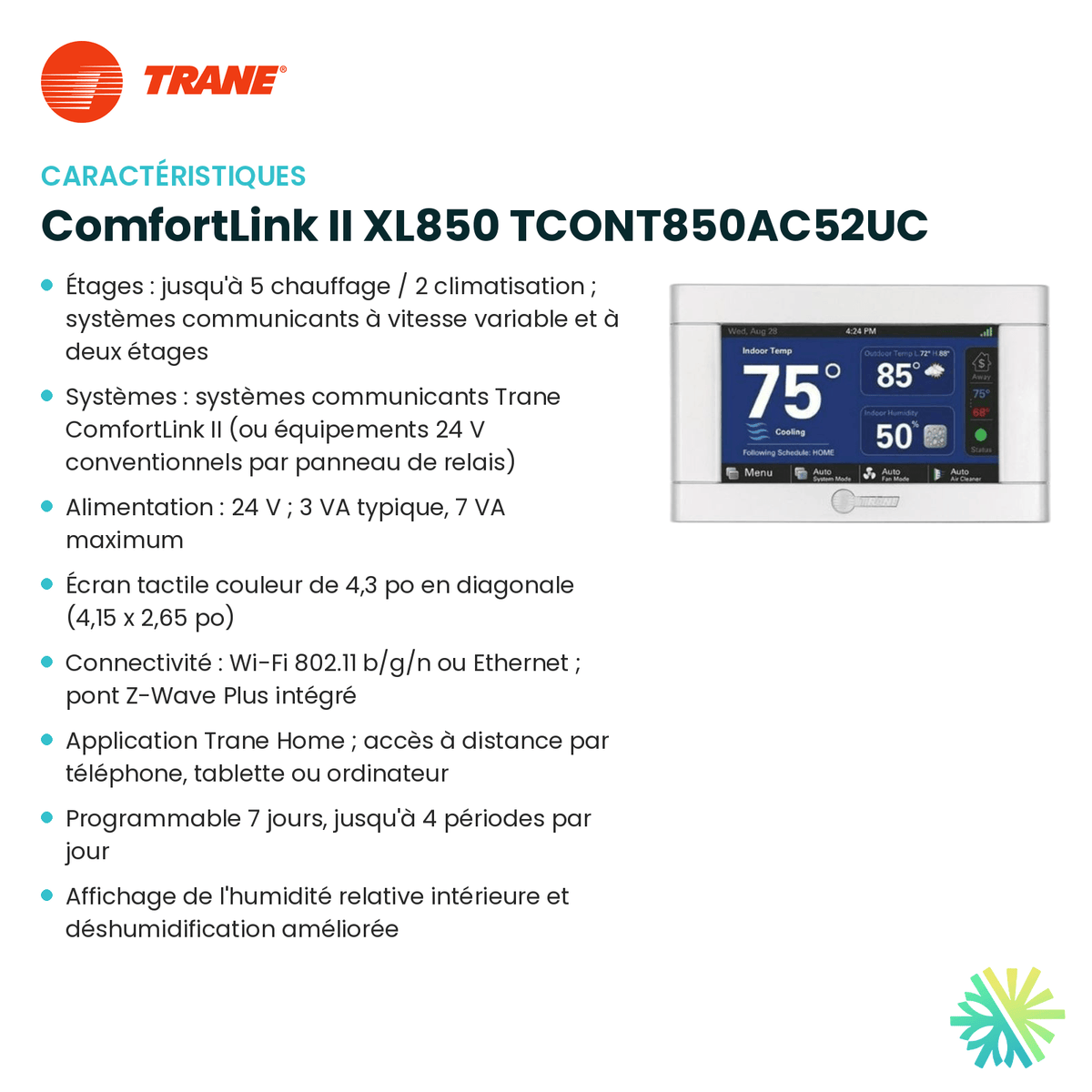 Fiche technique : Thermostat intelligent TRANE ComfortLink II XL850 TCONT850AC52UC — AirGreen, Montréal, Laval, Longueuil, Rive-Sud et Rive-Nord