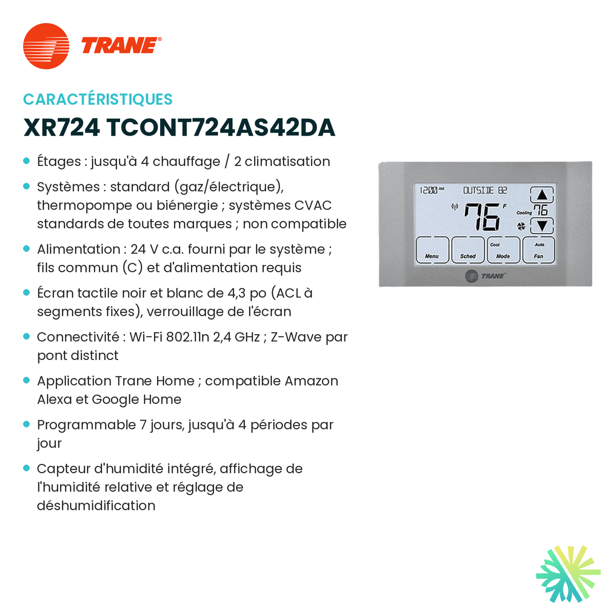 Fiche technique : Thermostat intelligent TRANE XR724 TCONT724AS42DA — AirGreen, Montréal, Laval, Longueuil, Rive-Sud et Rive-Nord