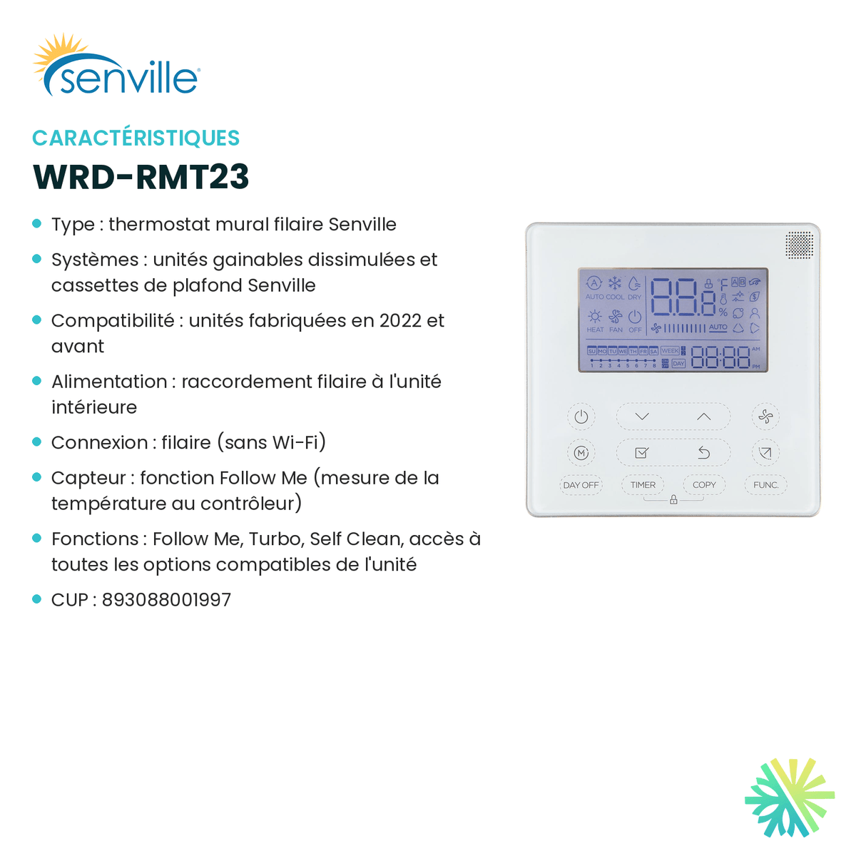 Fiche technique : Thermostat mural SENVILLE WRD-RMT23 — AirGreen, Montréal, Laval, Longueuil, Rive-Sud et Rive-Nord