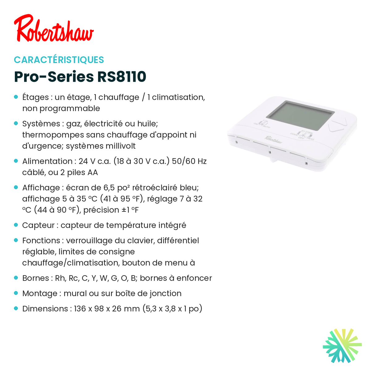 Fiche technique : Thermostat ROBERTSHAW Pro-Series RS8110 — AirGreen, Montréal, Laval, Longueuil, Rive-Sud et Rive-Nord