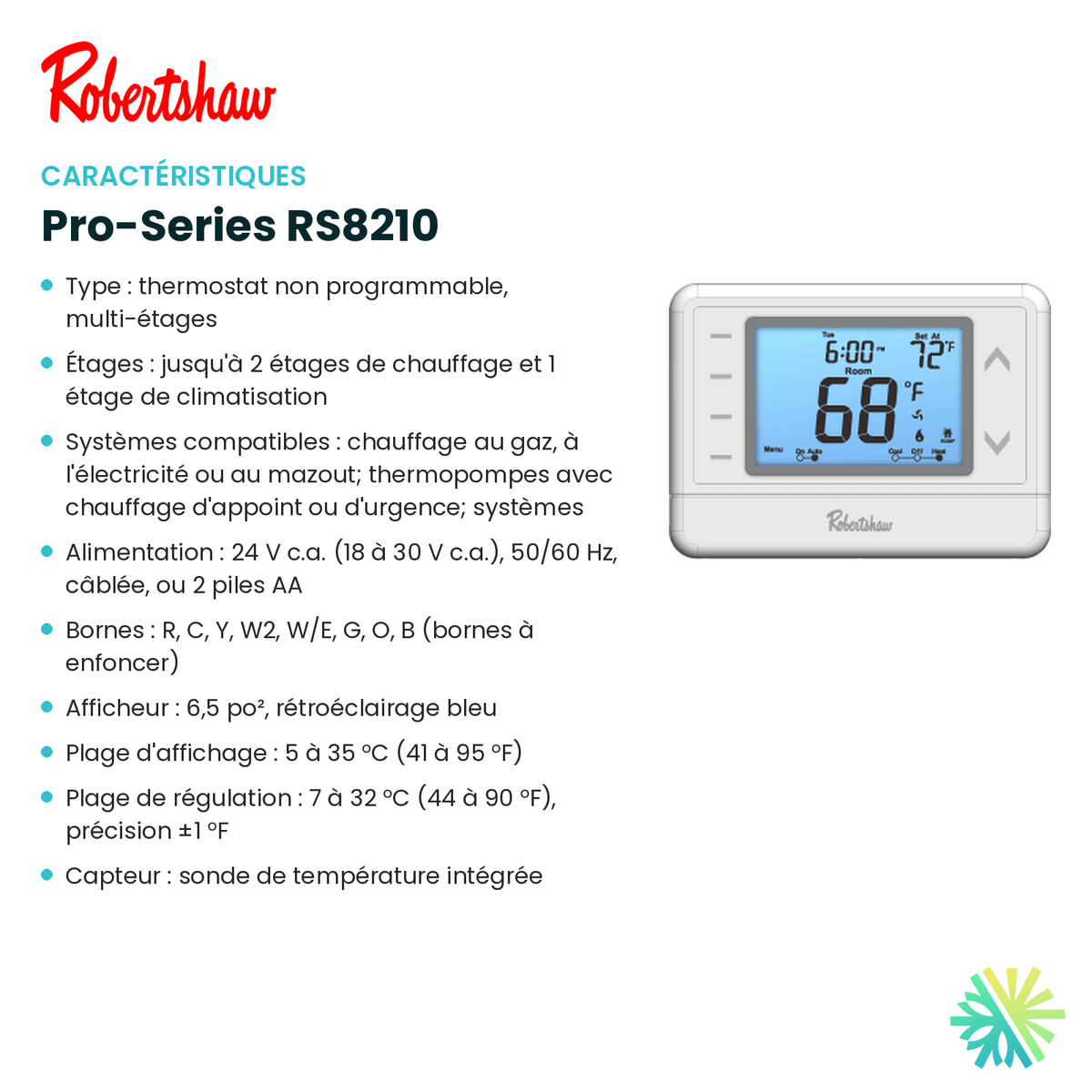 Fiche technique : Thermostat ROBERTSHAW Pro-Series RS8210 — AirGreen, Montréal, Laval, Longueuil, Rive-Sud et Rive-Nord