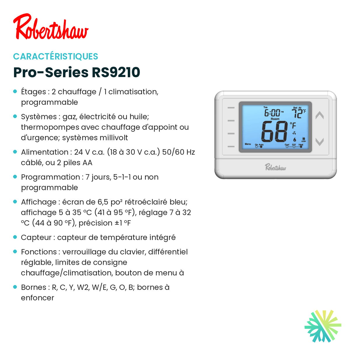 Fiche technique : Thermostat ROBERTSHAW Pro-Series RS9210 — AirGreen, Montréal, Laval, Longueuil, Rive-Sud et Rive-Nord