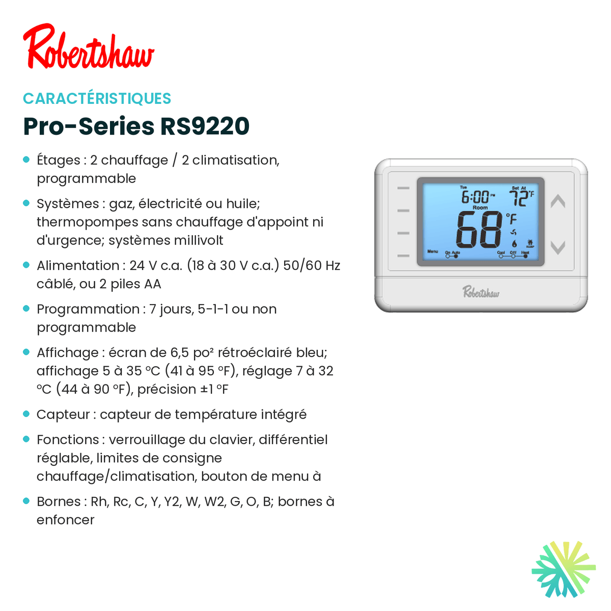 Fiche technique : Thermostat ROBERTSHAW Pro-Series RS9220 — AirGreen, Montréal, Laval, Longueuil, Rive-Sud et Rive-Nord