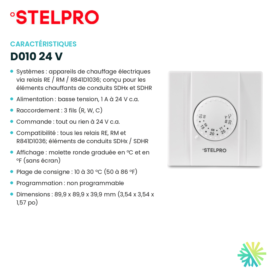 Fiche technique : Thermostat STELPRO D010 24 V — AirGreen, Montréal, Laval, Longueuil, Rive-Sud et Rive-Nord