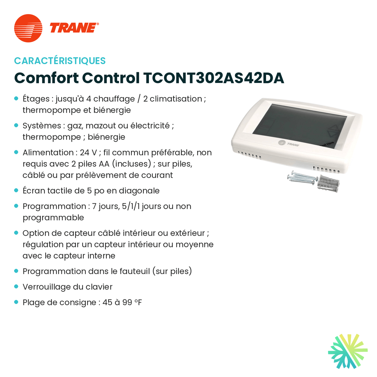 Fiche technique : Thermostat TRANE Comfort Control TCONT302AS42DA — AirGreen, Montréal, Laval, Longueuil, Rive-Sud et Rive-Nord