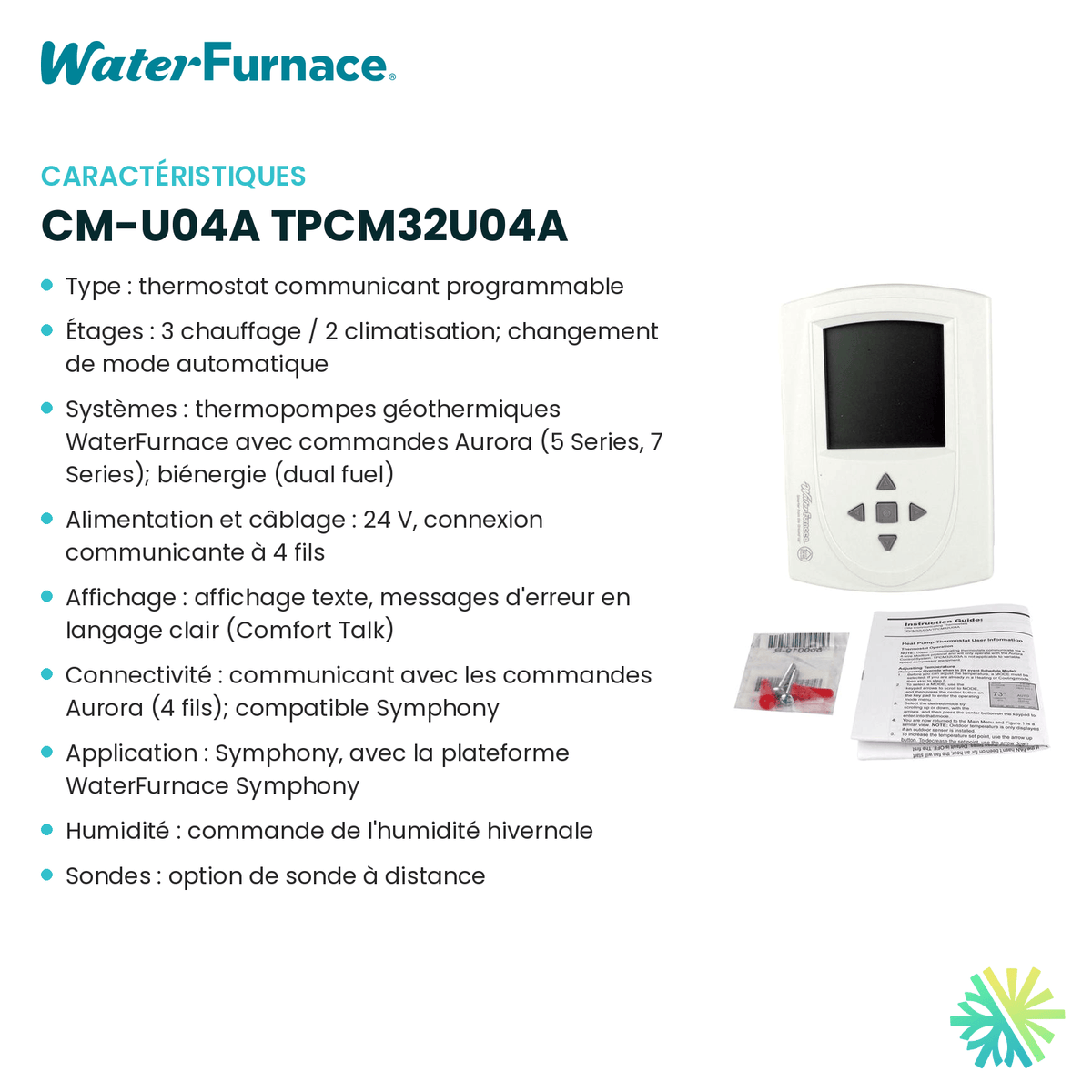 Fiche technique : Thermostat WATERFURNACE CM-U04A TPCM32U04A — AirGreen, Montréal, Laval, Longueuil, Rive-Sud et Rive-Nord