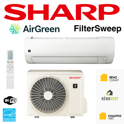 Thermopompe Murale SHARP FilterSweep | 12000 BTU | -30°C R32 avec WiFi et Energy Star, idéale pour climats froids.