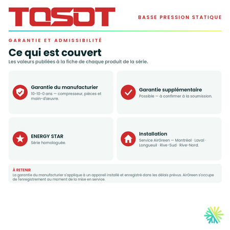 Garantie du manufacturier, garantie supplémentaire, homologation ENERGY STAR et admissibilité de la série · Gainable Basse Pression TOSOT 24 000 BTU · AirGreen, Montréal, Laval, Longueuil, Rive-Sud et Rive-Nord
