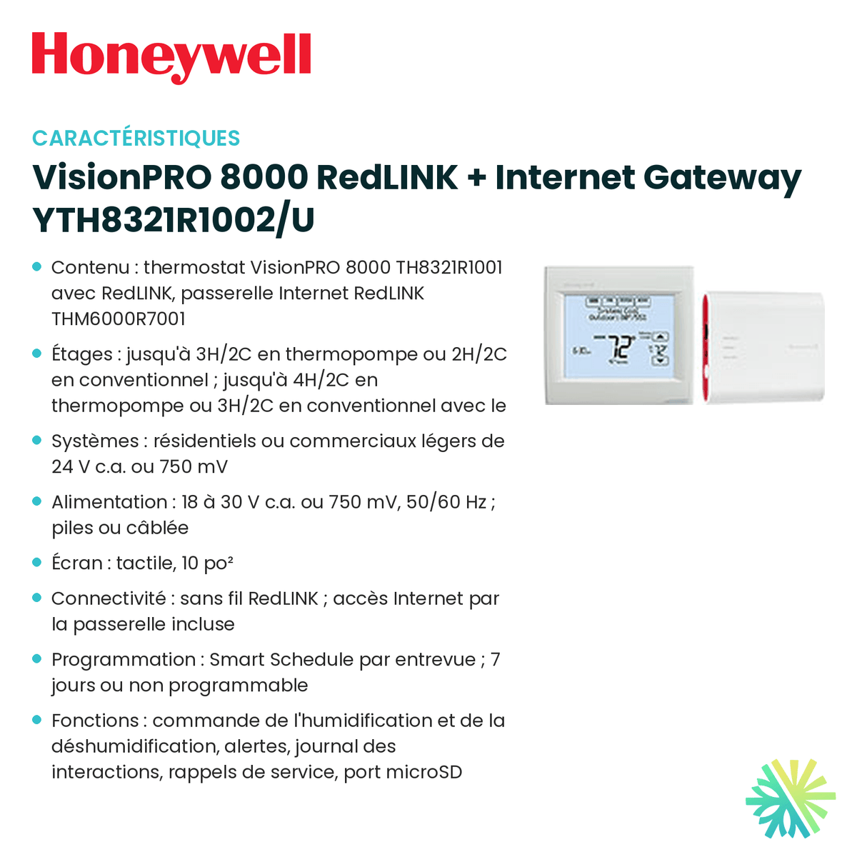 Fiche technique : Trousse HONEYWELL VisionPRO 8000 RedLINK + Internet Gateway YTH8321R1002/U — AirGreen, Montréal, Laval, Longueuil, Rive-Sud et Rive-Nord