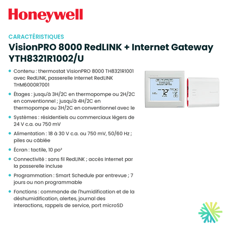 Fiche technique : Trousse HONEYWELL VisionPRO 8000 RedLINK + Internet Gateway YTH8321R1002/U — AirGreen, Montréal, Laval, Longueuil, Rive-Sud et Rive-Nord