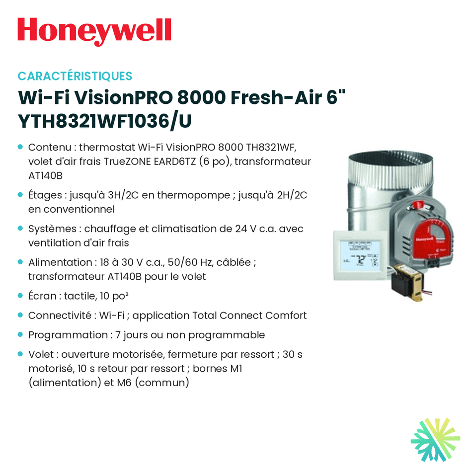 Fiche technique : Trousse HONEYWELL Wi-Fi VisionPRO 8000 Fresh-Air 6" YTH8321WF1036/U — AirGreen, Montréal, Laval, Longueuil, Rive-Sud et Rive-Nord