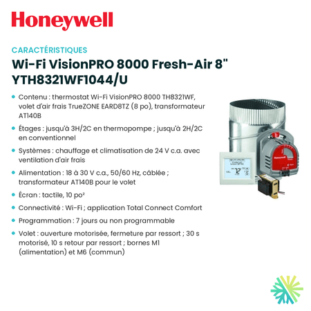 Fiche technique : Trousse HONEYWELL Wi-Fi VisionPRO 8000 Fresh-Air 8" YTH8321WF1044/U — AirGreen, Montréal, Laval, Longueuil, Rive-Sud et Rive-Nord
